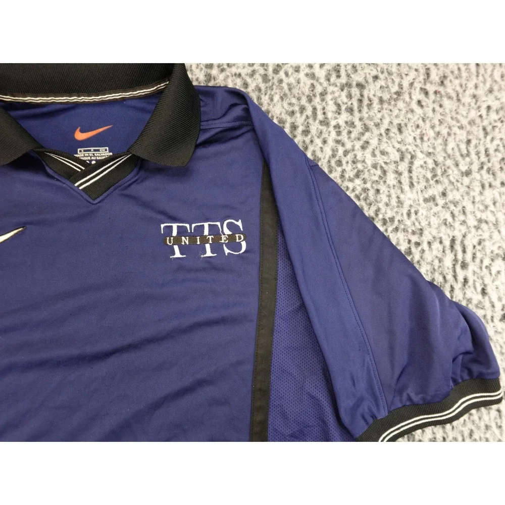 Nike TTS United Soccer Jersey Mens Small Navy Blue Short Sleeve V-Neck Polo Logo